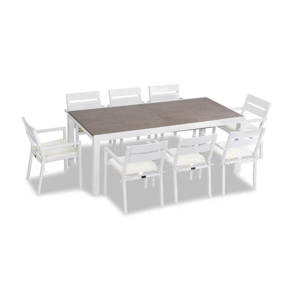 Calm Bay 9 Pc Extendable Aluminum Dining Set in White/Barnwood/Canvas Natural by Lakeview Outdoor Designs