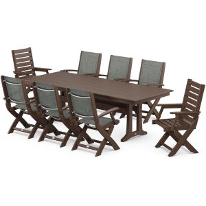 POLYWOOD x BBQGuys Creekside 9 Pc Recycled Plastic Dining Set W/ Birch Sling in Mahogany