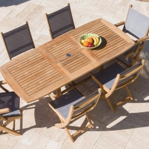 Sailmate 7 Piece Teak Patio Dining Set W/ 60 X 35 Inch Rectangular Extension Table By Royal Teak Collection - Gray Sling