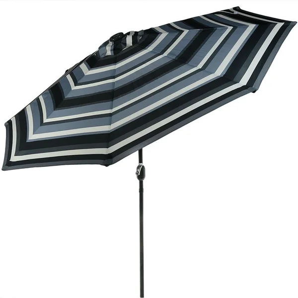 Ultimate Patio 9 Ft. Solar Lighted Octagonal Aluminum Patio Market Umbrella W/ Crank & Tilt - Black Frame & Catalina Beach Stripe Polyester Canopy