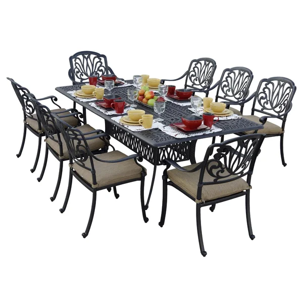 Elisabeth 9 Pc Cast Aluminum Dining Set w/ 84 X 44 Inch Table in Antique Bronze/Sesame by Darlee