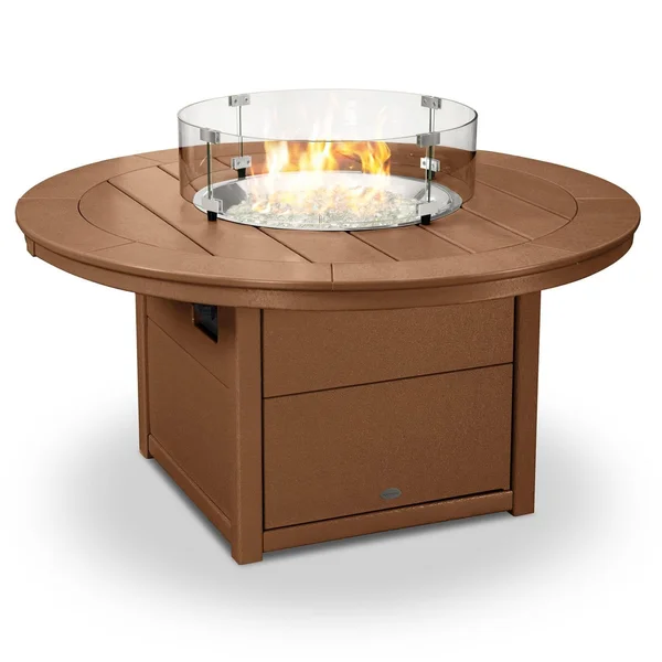 48 Inch Round Recycled Plastic Propane Fire Pit Table in Teak by POLYWOOD