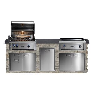 BBQGuys Signature 8ft Luxury Outdoor Kitchen w/ Lynx Professional 30-Inch Propane Grill & 30-Inch Asado - Silver Travertine Stone w/ Black Polished Granite