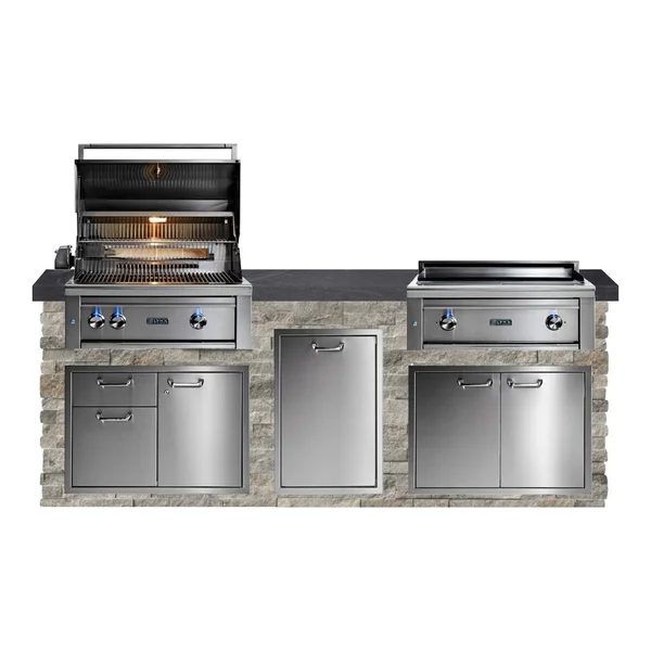 BBQGuys Signature 8ft Luxury Outdoor Kitchen w/ Lynx Professional 30-Inch Natural Gas Grill & 30-Inch Asado - Silver Travertine Stone w/ Black Polished Granite