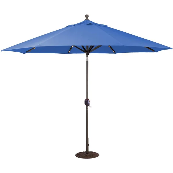 Galtech 11 Ft. Lighted LED Octagonal Aluminum Patio Market Umbrella W/ Crank Lift And Auto Tilt - Black Frame W/ Sunbrella Canvas Pacific Blue Canopy