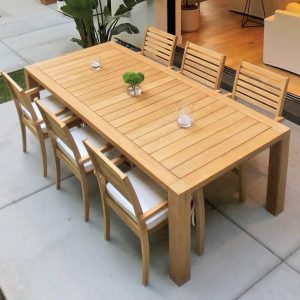 Avant 7 Piece Teak Patio Dining Set W/ 94 X 44 Inch Rectangular Table And Sunbrella Canvas Natural Cushions By Royal Teak Collection