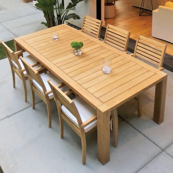 Avant 7 Piece Teak Patio Dining Set W/ 94 X 44 Inch Rectangular Table And Sunbrella Canvas Natural Cushions By Royal Teak Collection