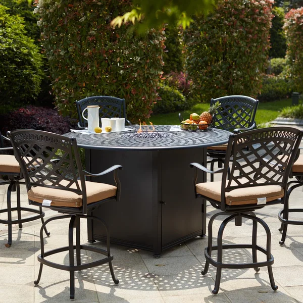 Sedona 7 Pc Cast Aluminum Counter Height Fire Pit Dining Set w/ 60 Inch Round Signature Table in Antique Bronze/Sesame by Darlee