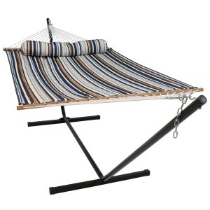 Ultimate Patio Quilted Double Hammock & Pillow w/ 12-Foot Black Stand - Ocean Isle