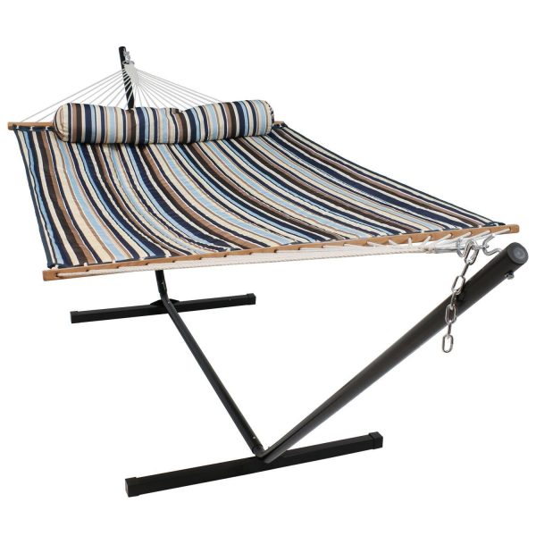 Ultimate Patio Quilted Double Hammock & Pillow w/ 12-Foot Black Stand - Ocean Isle