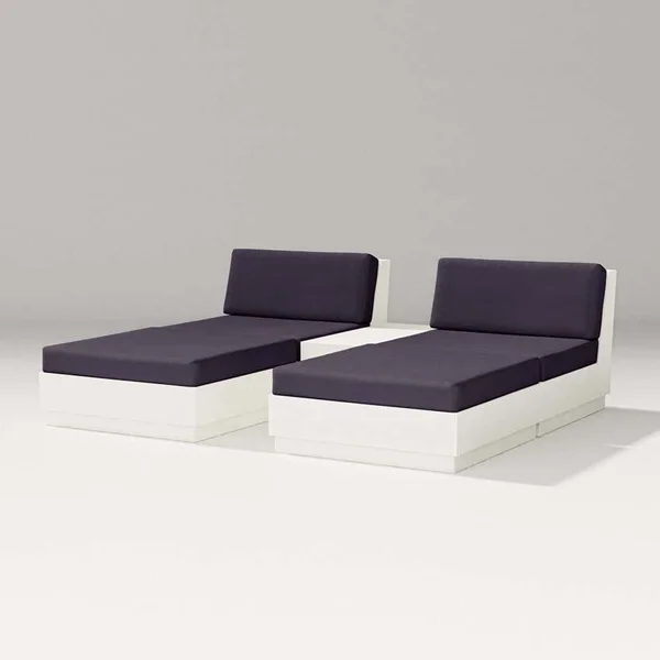 Elevate 5 Pc Recycled Plastic Double Chaise Lounge Seating Set in Vintage White/Navy Linen By PW Designer Series