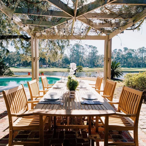 Compass 7 Piece Teak Patio Dining Set W/ 96 X 44 Inch Rectangular Extension Table By Royal Teak Collection