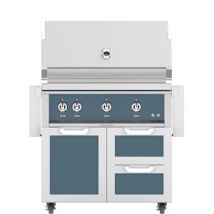 Hestan 36-Inch Propane Gas Grill W/ Sear Burner & Rotisserie On Double Drawer & Door Tower Cart - Pacific Fog - GMBR36-LP-GG