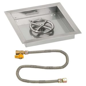 BBQGuys Signature 12 Inch Stainless Steel Square Drop-In Fire Pit Pan W/Match Light Kit - 6 Inch Ring - Natural Gas