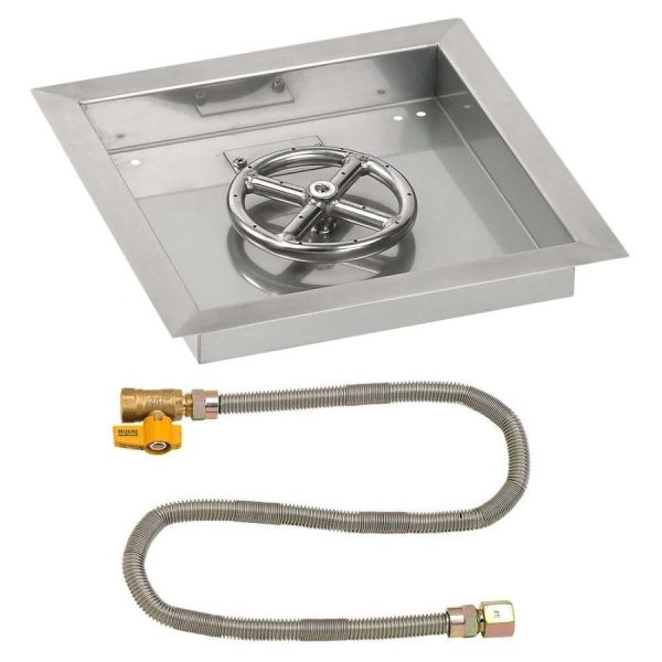 BBQGuys Signature 12 Inch Stainless Steel Square Drop-In Fire Pit Pan W/Match Light Kit - 6 Inch Ring - Natural Gas