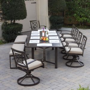 Atlantis 9 Pc Aluminum Dining Set w/ 6 Swivel Rocker Dining Arm Chairs, 2 Two Person Benches & Extension Table in Walnut/Beige by Darlee
