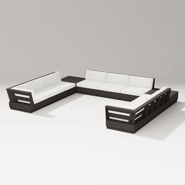 Elevate 11 Pc U-shaped Recycled Plastic Sectional Seating Set in Vintage Coffee/Natural Linen By PW Designer Series