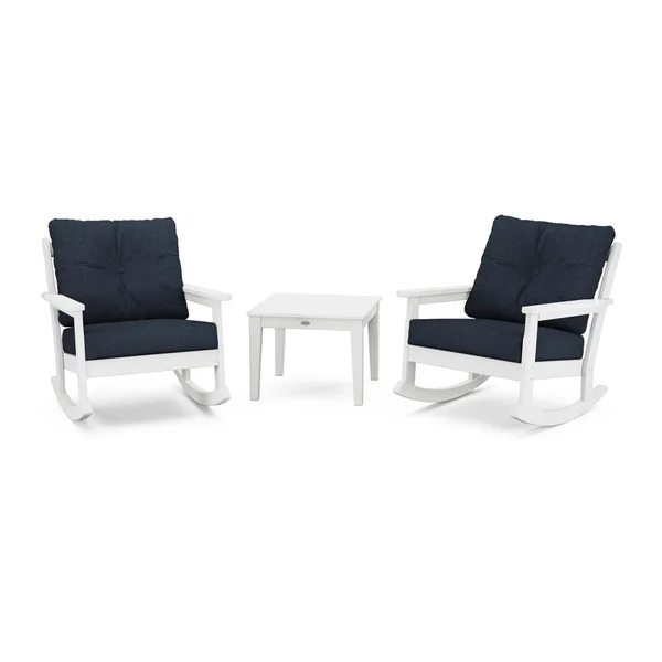 Vineyard 3 Pc Recycled Plastic Rocking Chair Set in White/Marine Indigo by POLYWOOD