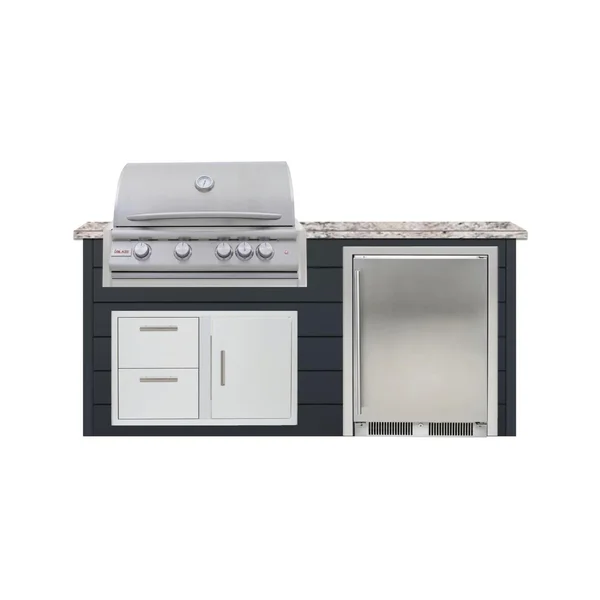 BBQGuys Signature 6 Ft Outdoor Kitchen Island w/ 32 Inch Propane Blaze LTE+ Grill & Refrigerator | Asphalt Gray w/ White Granite