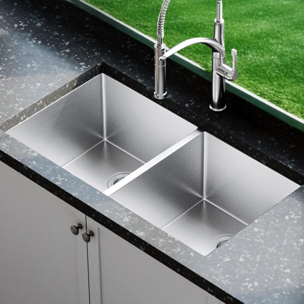 BBQGuys Signature Undermount Stainless Steel 33-Inch Double Bowl ADA Sink W/Grids and Strainer