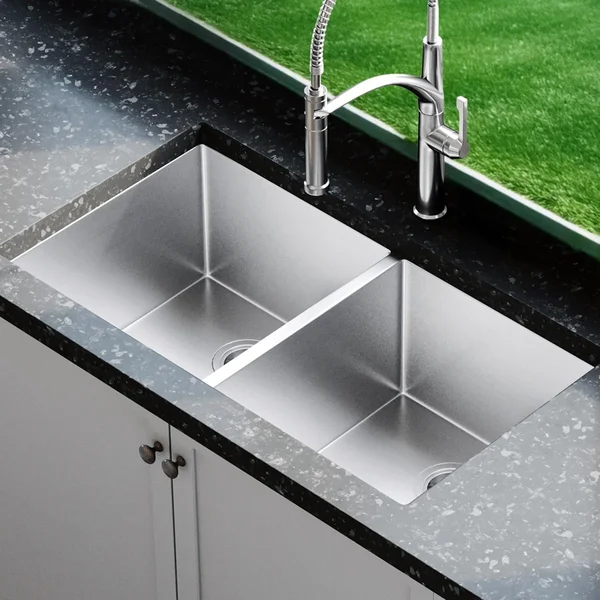 BBQGuys Signature Undermount Stainless Steel 33-Inch Double Bowl ADA Sink W/Grids and Strainer