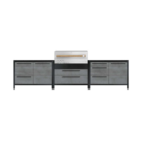 Burnout BBQ Modular Fully Lit Outdoor Kitchen Island w/ Flammkraft Model D Built-In Grill, Triple Drawers, Propane Pullout, and Pullout Waste Bins - Smoke