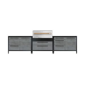 Burnout BBQ Modular Front - Lit Outdoor Kitchen Island w/ Flammkraft Model D Built-In Grill, Triple Drawers, Propane Pullout, and Pullout Waste Bins - Smoke