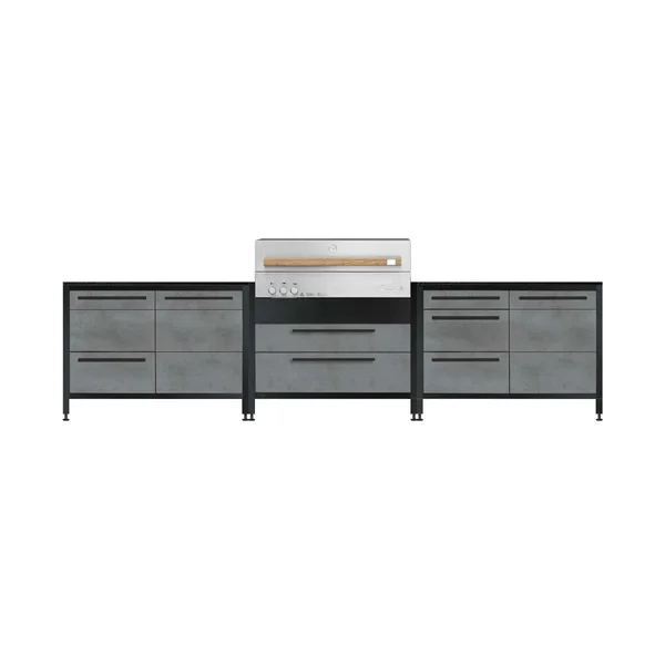 Burnout BBQ Modular Front - Lit Outdoor Kitchen Island w/ Flammkraft Model D Built-In Grill, Triple Drawers, Propane Pullout, and Pullout Waste Bins - Smoke