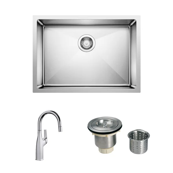 Blanco - Cuvee 25 X 18 Stainless Steel Undermount Sink w/ Rivana 15 Inch Single Spray Faucet with Strainer Basket