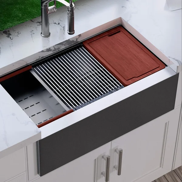 BBQGuys Signature Farmhouse Flat Apron Stainless Steel 30-Inch Workstation Sink W/Grid, Strainer and 3 Accessories