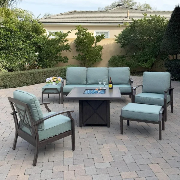 Atlantis 6 Pc Aluminum Fire Pit Seating Set w/ 2 Club Chairs, 2 Ottomans & Sofa in Walnut/Spa by Darlee