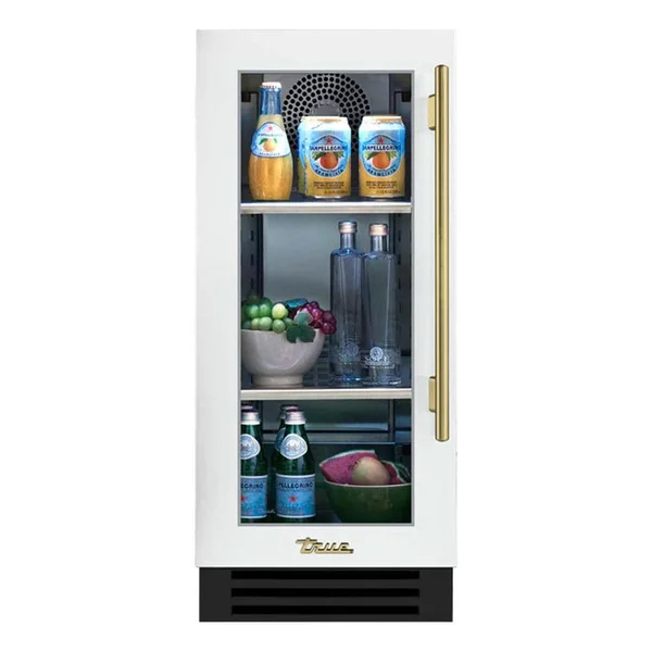 True 15 Inch 3.14 Cu. Ft. Left Hinge Glass Door Outdoor Refigerator - Matte White w/ Brass Handles - TUR-15-L-OG-C~DSK-030-H01