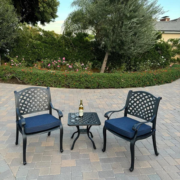 Nassau 3 Pc Cast Aluminum Conversation Set in Antique Bronze w/ Navy Cushions By Darlee