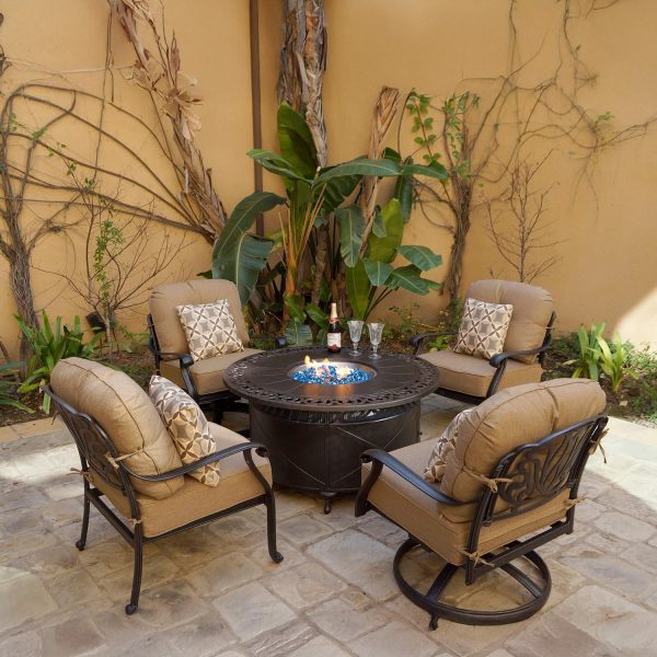 Elisabeth 5 Pc Cast Aluminum Fire Pit Seating Set w/ 47 Inch Table w/ Swivel Rockers & Throw Pillows in Antique Bronze/Sesame by Darlee
