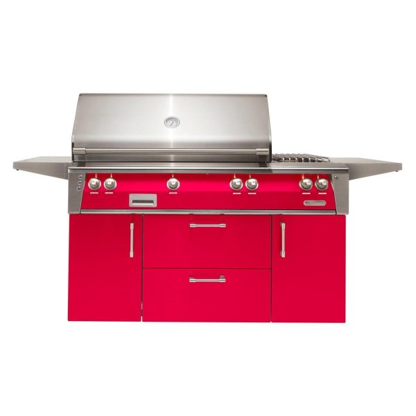 Alfresco ALXE 56-Inch Freestanding Natural Gas Deluxe Grill With Rotisserie And Side Burner in Raspberry Red - ALXE-56C-NG-S3027