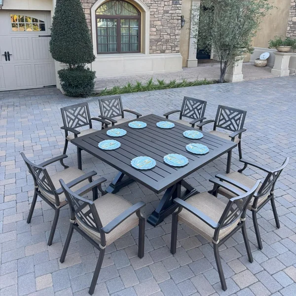 Brooklyn 9 Pc Aluminum Dining Set w/ 59 Inch Square Table in Multi Brown/Sesame by Darlee