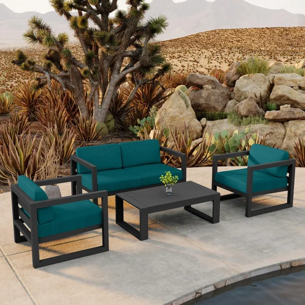 Misty Cove 4 Pc Aluminum Seating Set w/ Portal Coffee Table Slate/Spectrum Peacock by Lakeview Outdoor Designs