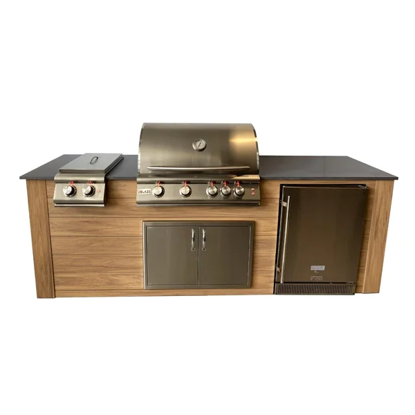 Pro-Fit 8-Foot Outdoor Kitchen Island W/ Blaze LTE 32-Inch Propane Gas Grill, Double Side Burner & Refrigerator - Golden Cypress / Grigio Piombo Satin