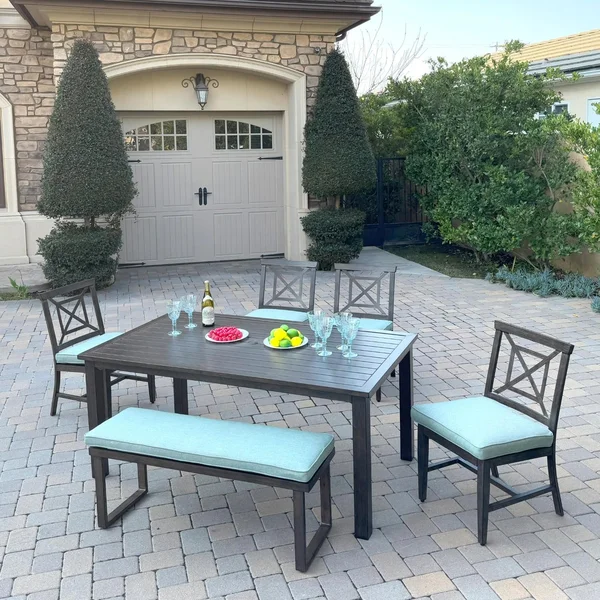 Atlantis 6 Pc Aluminum Dining Set w/ 4 Dining Side Chairs & Two Person Bench in Walnut/Spa by Darlee