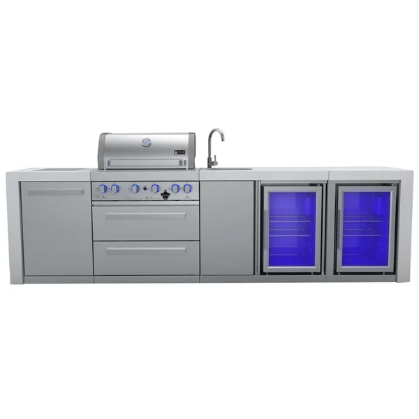 Mont Alpi 10 Ft Propane Outdoor Kitchen Island w/ Side Burner, Beverage Center & Fridge - MAi400-DBEVFC