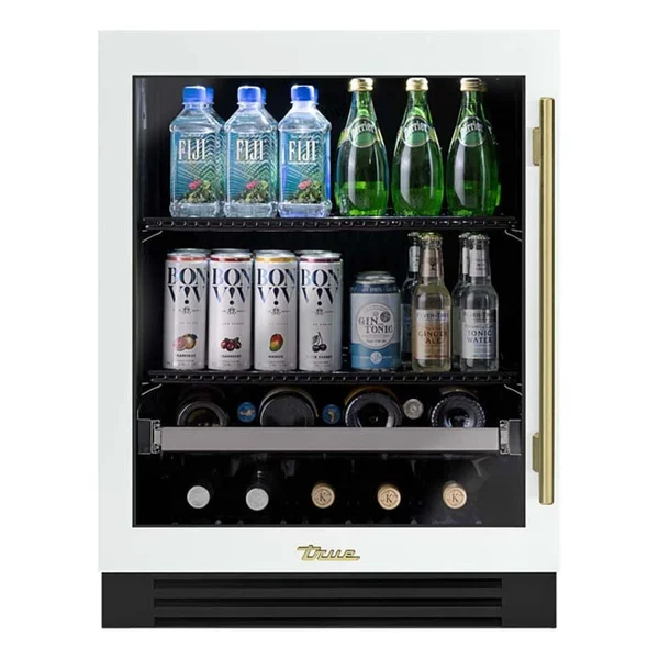 True ADA Height 24 Inch 105 Can 12 Bottle Left Hinge Glass Door Outdoor Beverage Center - Matte White w/ Brass Handle - TUBADA-24-LG-A~030-H01