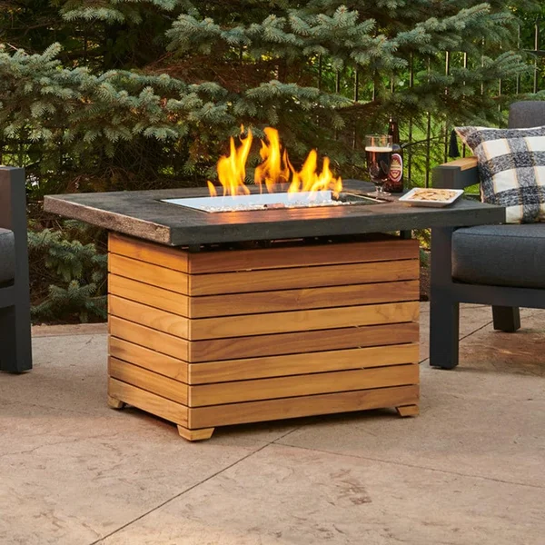 Darien 44 Inch Rectangular Teak Propane Fire Pit Table in Gray by The Outdoor GreatRoom Company