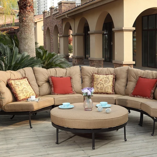 Santa Anita 6 Pc Cast Aluminum Sectional Seating Set w/ Round Ottoman in Antique Bronze/Linen Sesame by Darlee