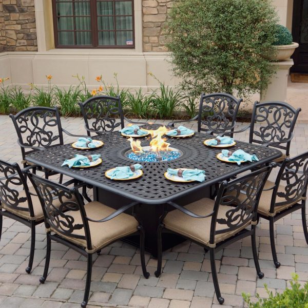 Santa Monica 9 Pc Cast Aluminum Fire Pit Dining Set w/ 64 Inch Square Signature Table in Antique Bronze/Sesame by Darlee