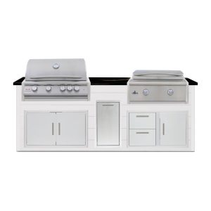 BBQGuys Signature 8 Ft Outdoor Kitchen Island w/ 32 Inch Natural Gas Blaze LTE+ Grill & Griddle & Narrow Trash Bin | Crystal White w/ Titanium Granite
