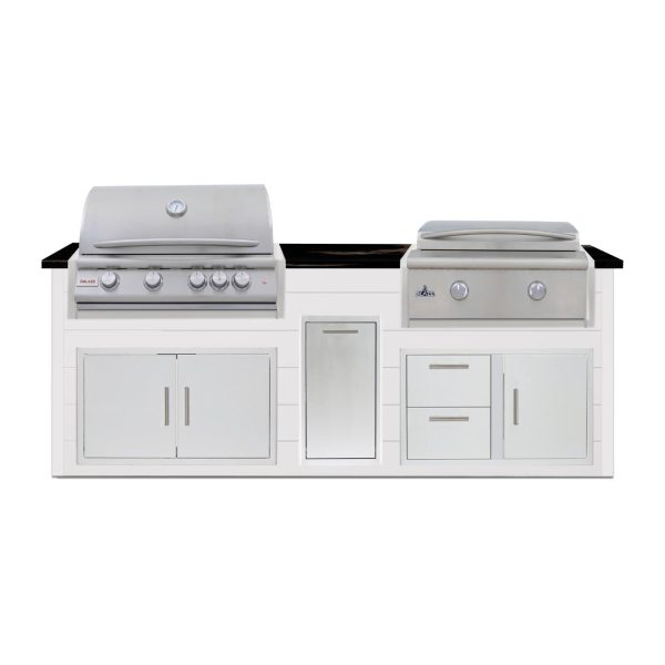 BBQGuys Signature 8 Ft Outdoor Kitchen Island w/ 32 Inch Natural Gas Blaze LTE+ Grill & Griddle & Narrow Trash Bin | Crystal White w/ Titanium Granite