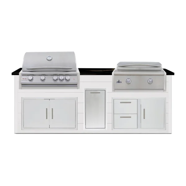 BBQGuys Signature 8 Ft Outdoor Kitchen Island w/ 32 Inch Natural Gas Blaze LTE+ Grill & Griddle & Narrow Trash Bin | Crystal White w/ Titanium Granite