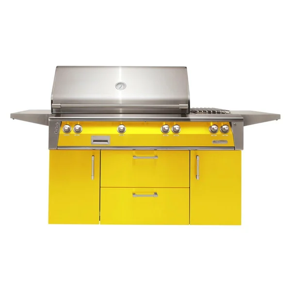 Alfresco ALXE 56-Inch Freestanding Natural Gas Deluxe Grill With Rotisserie And Side Burner in Traffic Yellow - ALXE-56C-NG-S1023