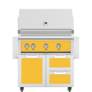 Hestan 36-Inch Natural Gas Grill W/ Sear Burner & Rotisserie On Double Drawer & Door Tower Cart - Sol - GMBR36-NG-YW