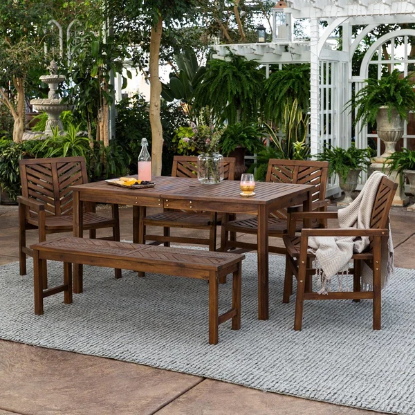 Ultimate Patio Wishlake 6 Piece Acacia Patio Dining Set W/ 60 X 32 Inch Rectangular Table - Dark Brown